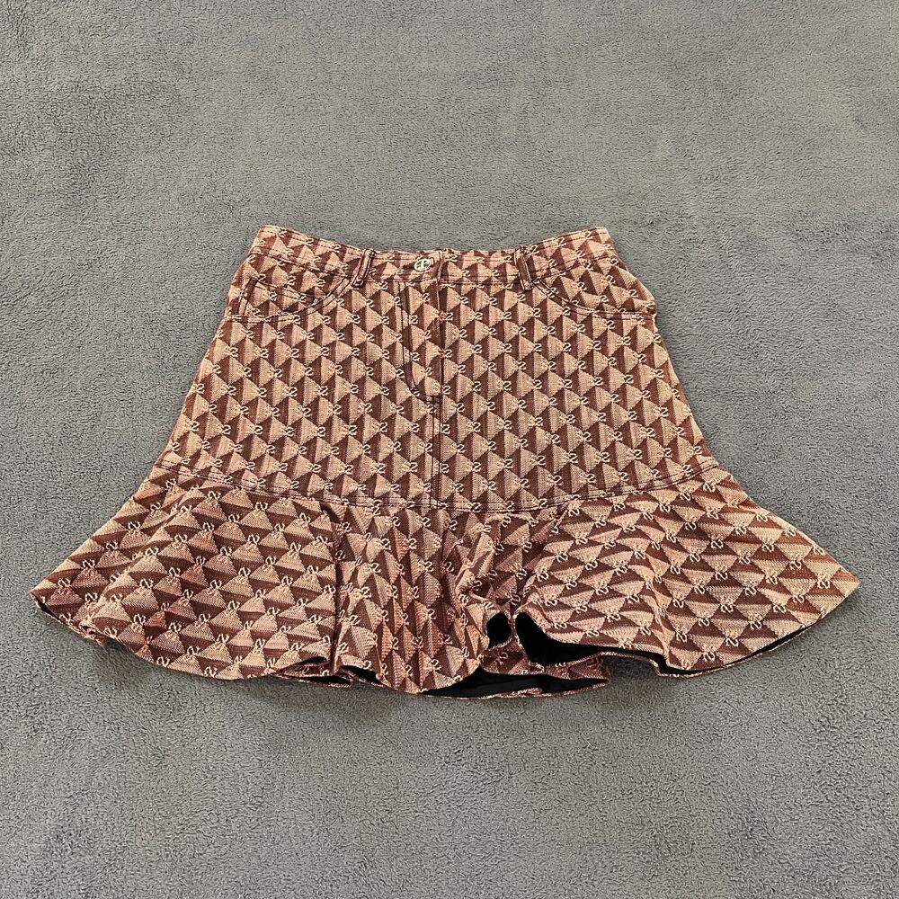 Sandro Double S Monogram Pink Brown Ruffle Denim Mini Short Skirt Womens Size 38